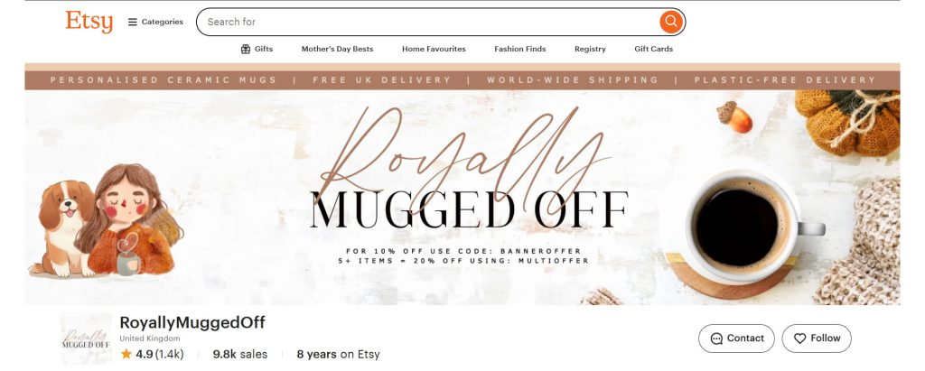 a screenshot of the first thing viewed by those visiting a shop on Etsy called 'RoyallyMuggedOff'.