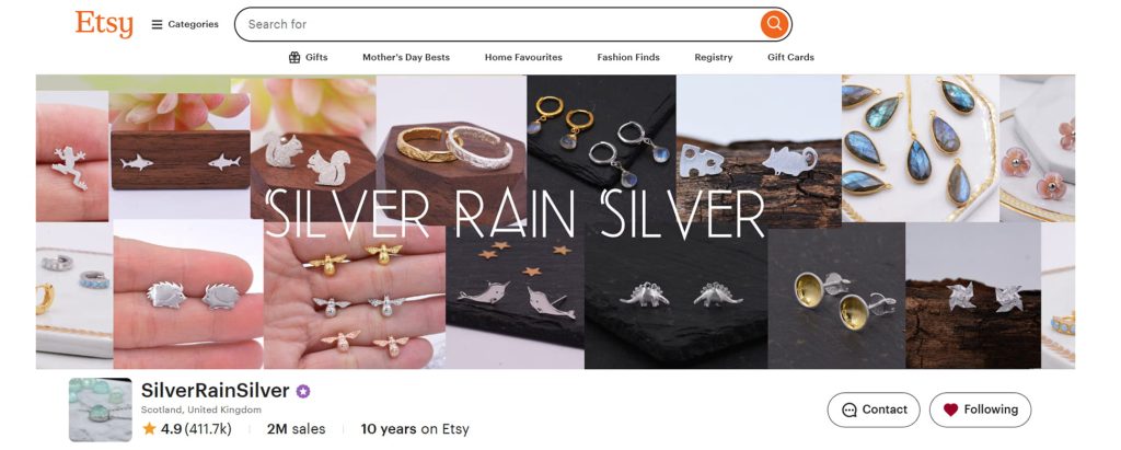 a screenshot of the first thing viewed by those visiting a shop on Etsy called 'SilverRainSilver'.