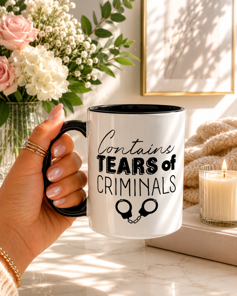a white ceramic mug with a black handle, featuring the phrase 'contains the tears of criminals' and a graphic of a set of handcuffs.